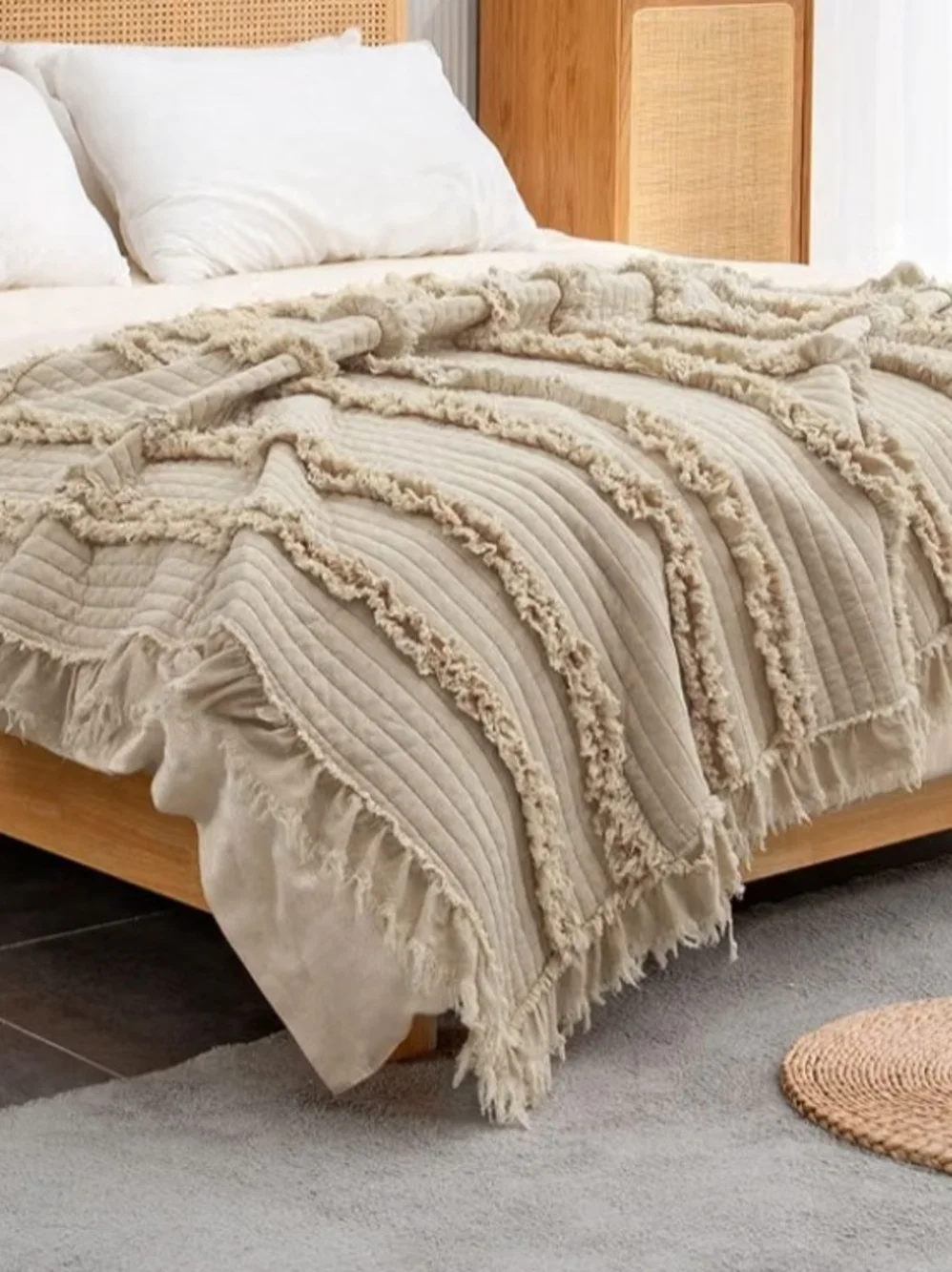 Textured Fringed Quilted Throw Blanket in Cream